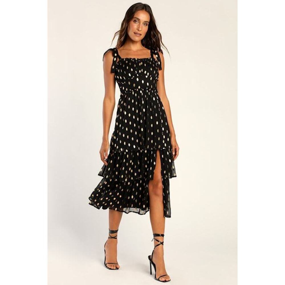 Lulus Celebration Chic Black Polka Dot Tie-strap Tiered Maxi Dress - Size XS